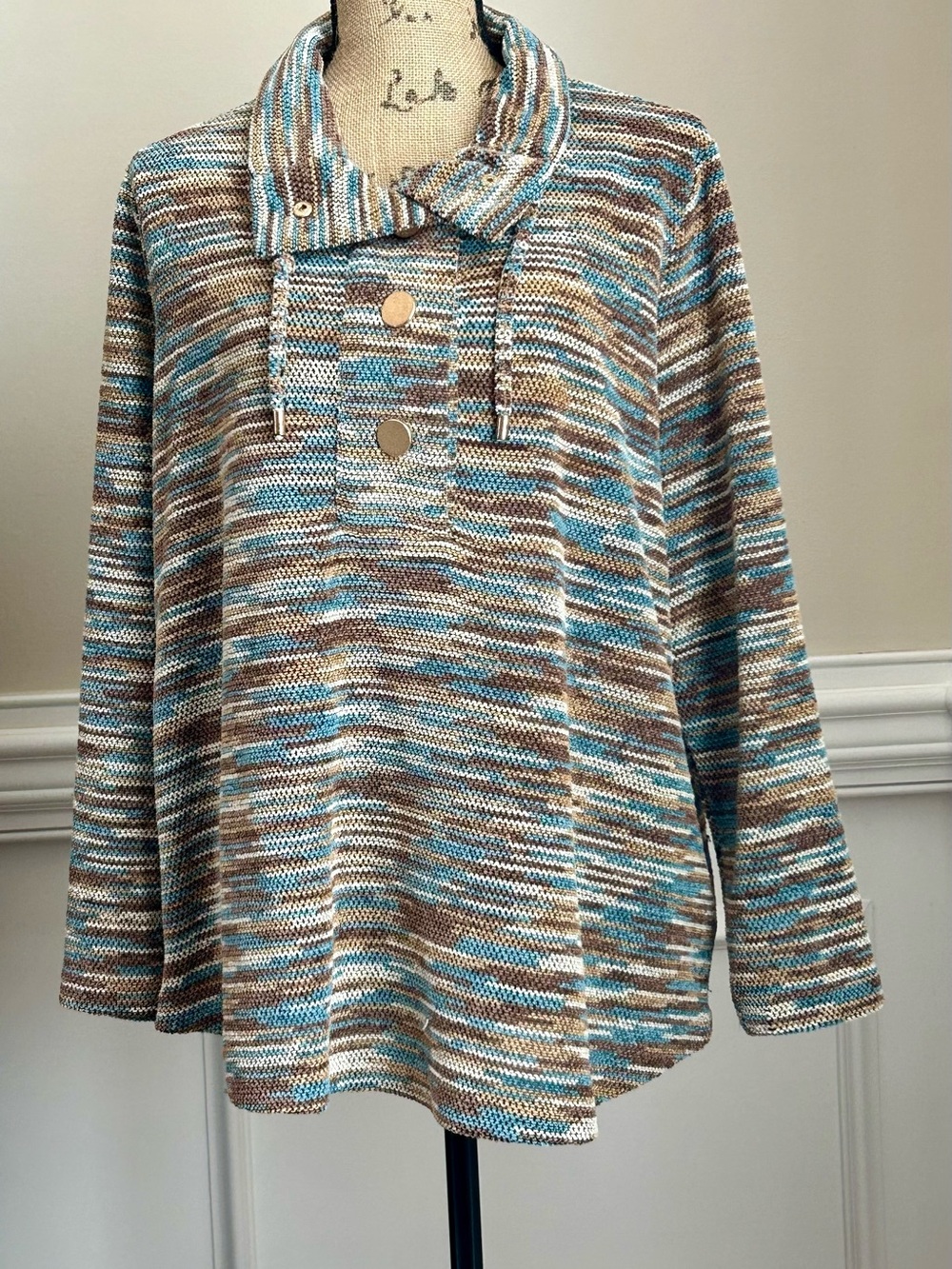 Ruby Rd. Striped Knit Pullover in Teal, Brown & Cream